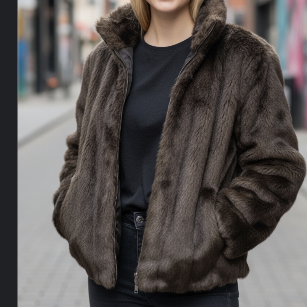 Vtg Faux Mink Fur Jacket Atelier reversible plush black Old Money warm zip  sz S - Picture 9 of 11